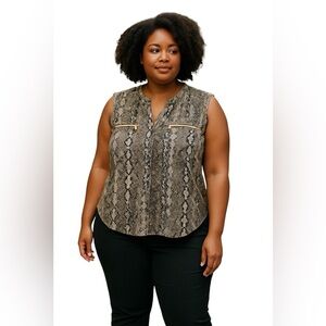 NANETTE LEPORE REPTILE PRINT SLEEVELESS TOP Size 1X Black Cream Tan Taupe Grey